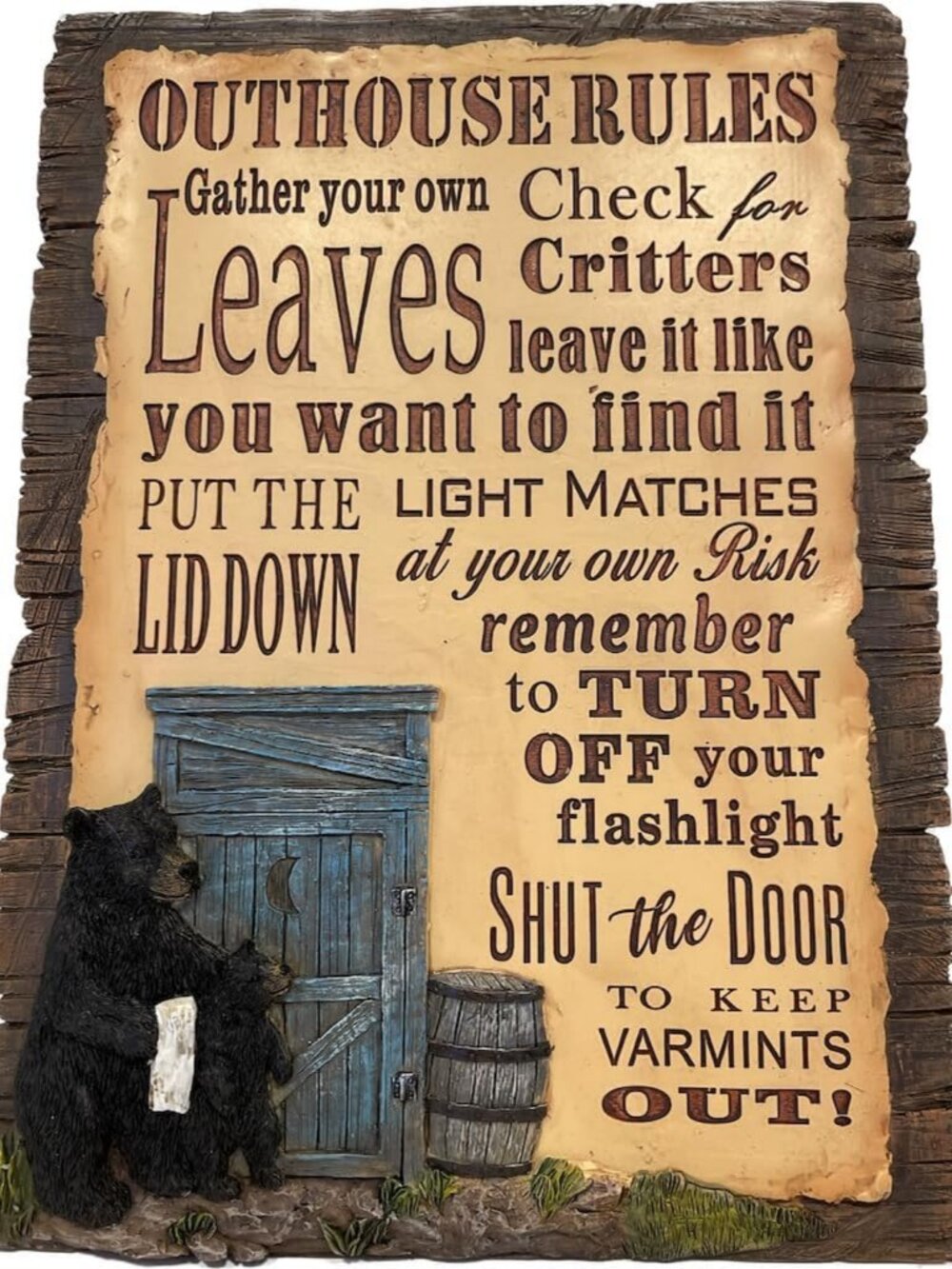 Funny Black Bear Wall Plaque - Cute Outhouse Rules Decor, Rustic Home Accent